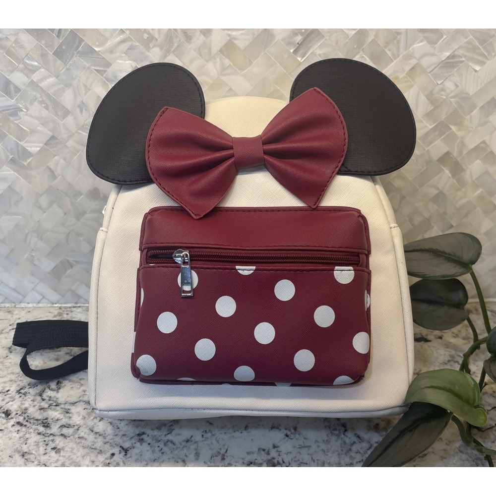 Bioworld Disney Minnie‎ Mouse Mini Backpack Purse Bag Cream Maroon Polka Dots